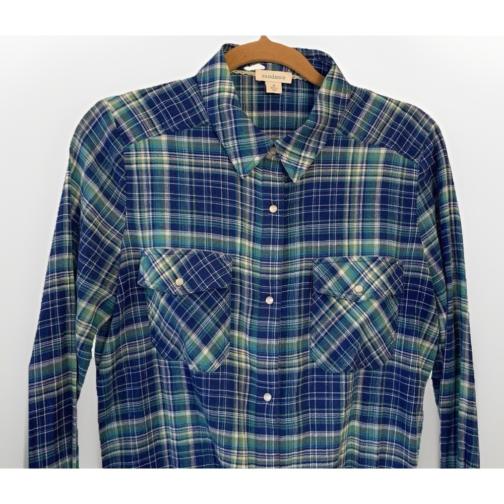 Sundance Cotton Blue Plaid Pearl Button Up Coastal Weekend Western Shirt Medium - Picture 15 of 15